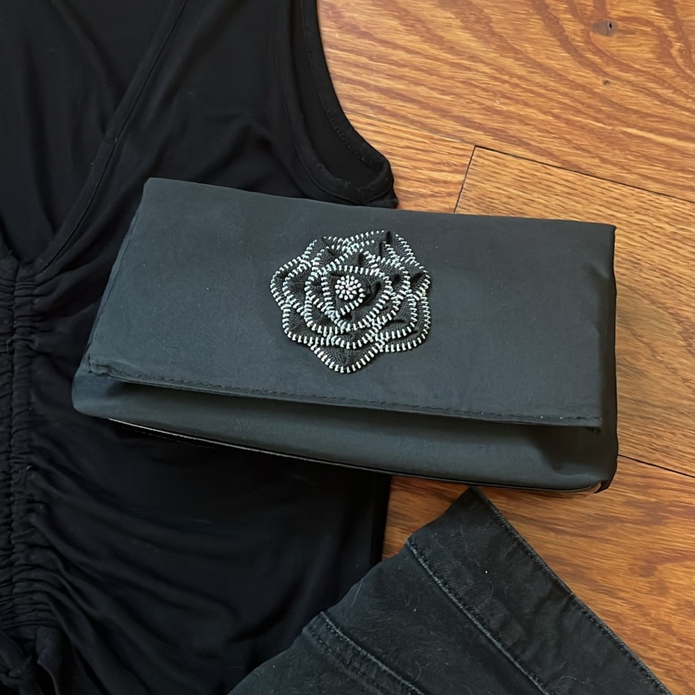 Vintage Lancôme Black Fold Over Clutch with Silver Zipper Floral Design